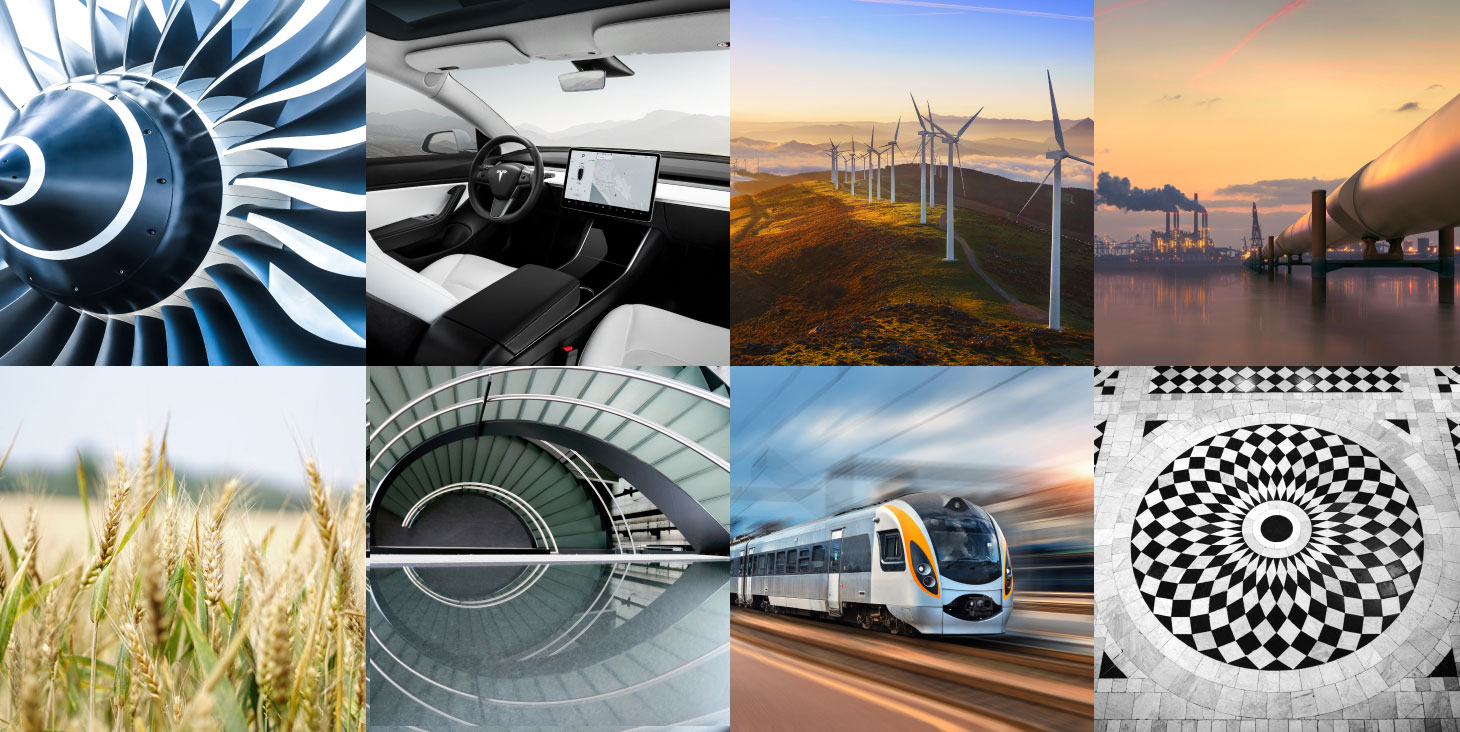 Grid of industry images including aerospace, automotive, energy, and agriculture
