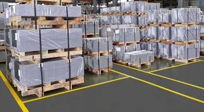 Sheet metal packaged and on racks in a large warehouse