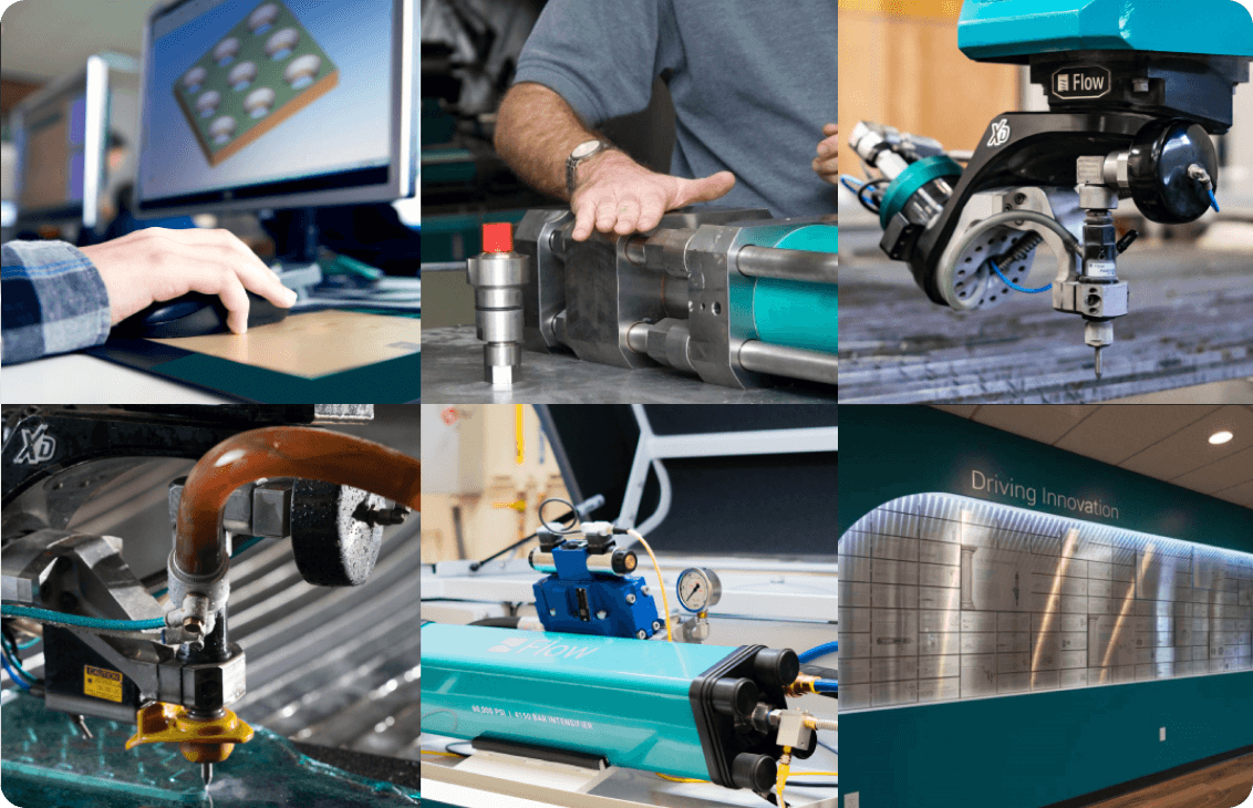 A grid of different technologies - 6 pictures showing intensifiers, cutting heads, and software